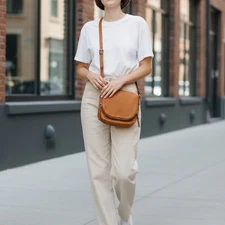 Vince Camuto Jax Crossbody Bag Tan Brown Leather Expandable Purse Adjustable Str