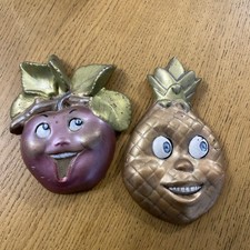 2 x Anthropromorphic Fruit Wall Decor Pineapple Pear  Apple Grape 1950 signed 