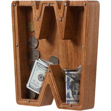 Piggy Bank Wooden Large Letter Initial W Coin Money Box Kids Gift Birthday Xmas