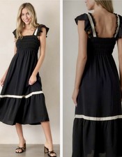 By The River Anthropologie Tiered Midi Dress Lace Trim Smocked Black Size M