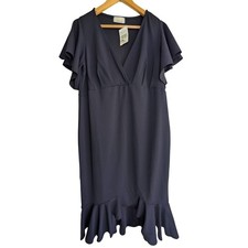 QUIZ Curve Navy Scuba Crepe V-Neck Flutter Sleeve Ruffle Hem Midi Dress US 14
