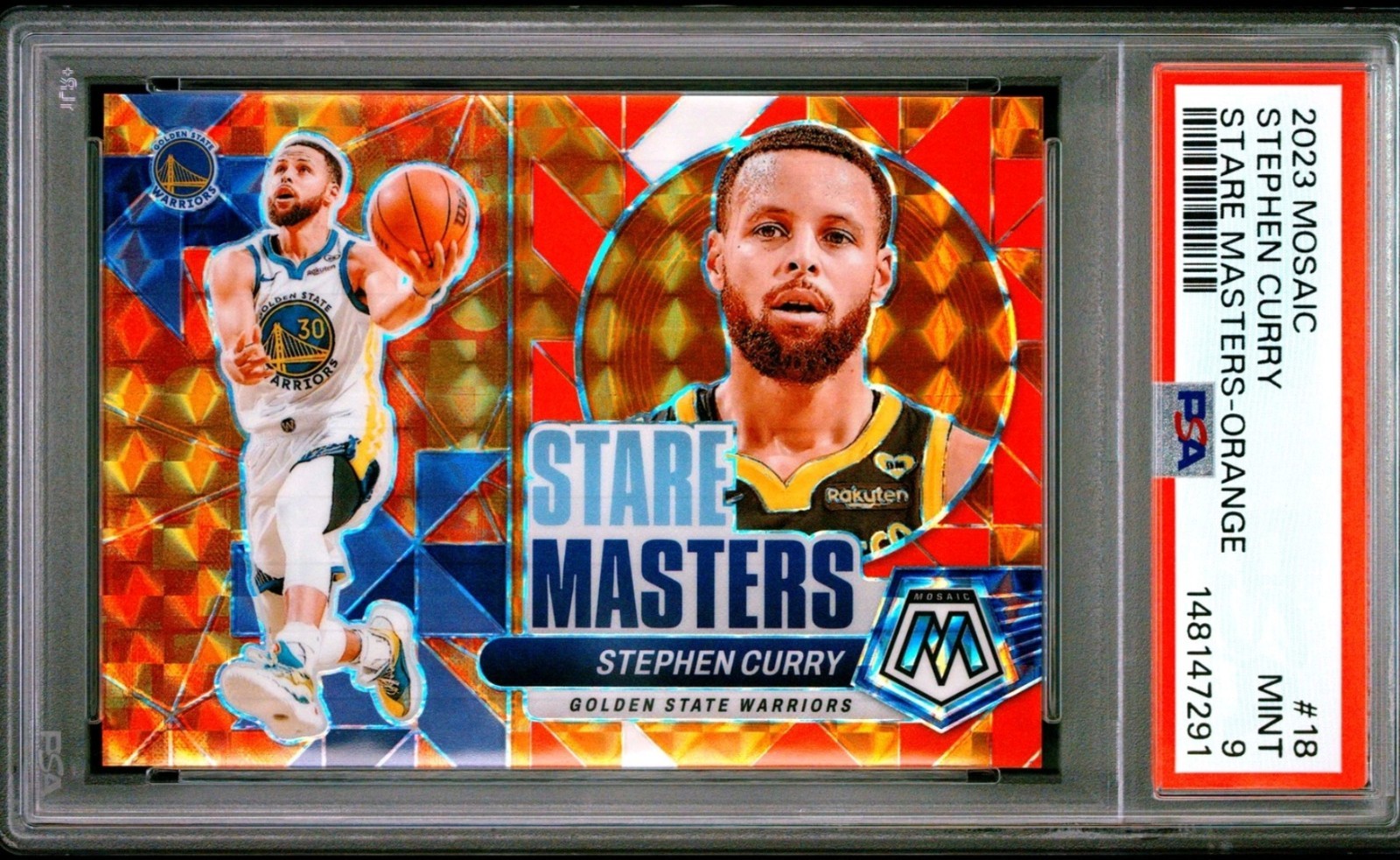 2023 STEPHEN CURRY PSA 9 PANINI MOSAIC STARE MASTERS ORANGE WARRIORS #'d /49 view 1