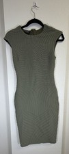 BEBE Dusty Olive Textured Geometric Bodycon Dress Cap Sleeve Size M Made in USA