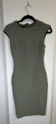 BEBE Dusty Olive Textured Geometric Bodycon Dress Cap Sleeve Size M Made in USA
