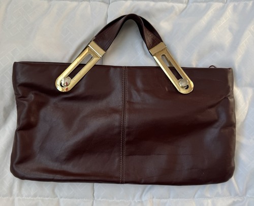 Vintage Brown Leather Clutch With Unique Gold Hardware