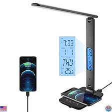 Poukaran Black LED Desk Lamp with Wireless Charging, USB Port, Clock  Alarm