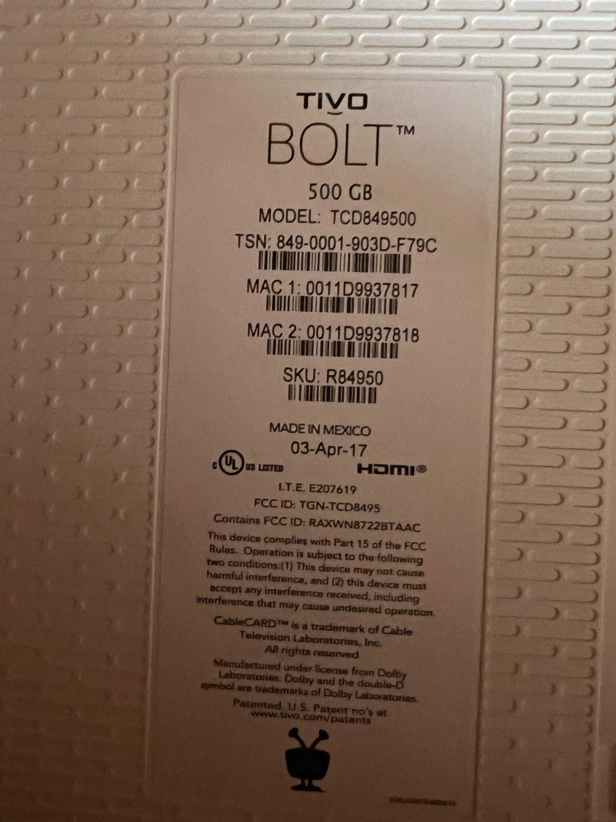 Tivo Bolt 500GB Digital Video Recorder TCD849500 Used with Lifetime