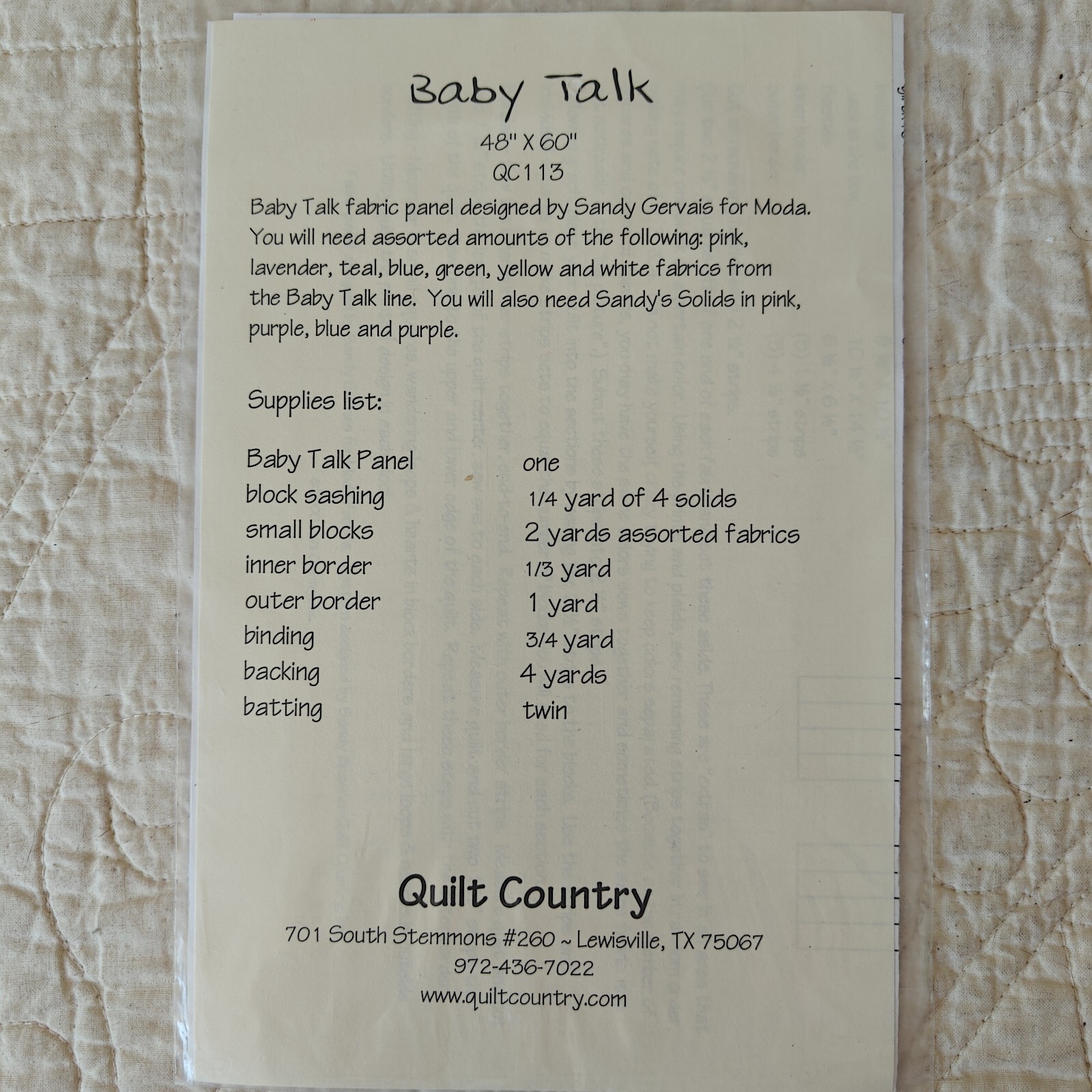 2008 Baby Talk 48x60"  Cute Nursery Wall Lap Crib Throw Quilt Pattern & Template