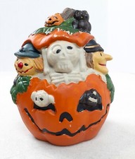 Vintage Ceramic Pumpkin with Skeleton Witch 4.5"x3.5" Halloween Decoration 1123