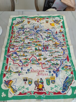 Souvenir Vtg Tea Towel Ireland Linen MCM Art Map