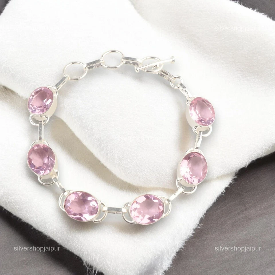 Oval Morganite Gemstone Womens day Chain Bracelet Jewelry 925 Sterling Silver — 第 3/4 张图片