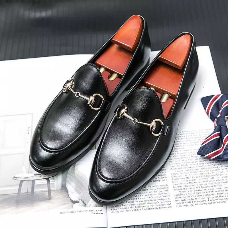 US7 14 Men s Leather Black Gold Buckle Dress Slip On Shoes Loafers Formal size