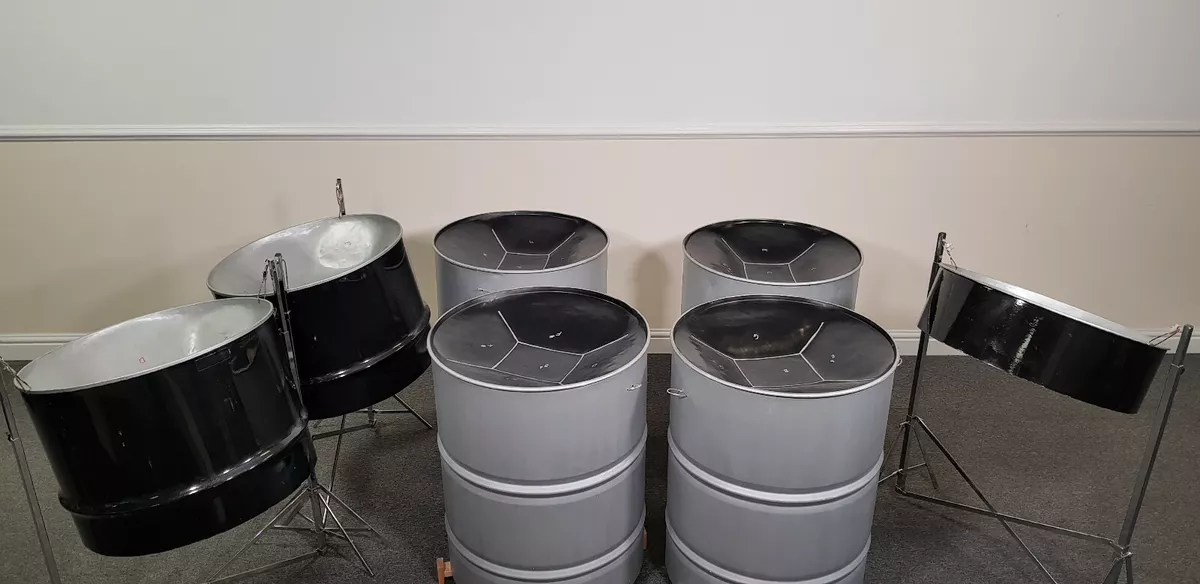 Very small Set Of Steel Pan Drums including stands and sticks eBay