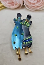 Liztech Signed 2007  Two  Ladies Brooch Pin Pearl Bead Silver Gold Metal Blue