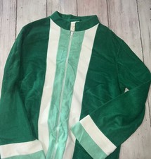 Vintage 70s Sears Green color block Stripe Terry Cloth Robe House Coat Small