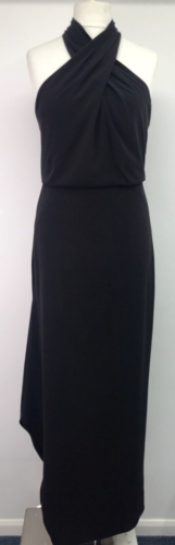 Halston Evening dress black eloquent halter neck polyester US 10 EU 42 UK 14 - Picture 1 of 12