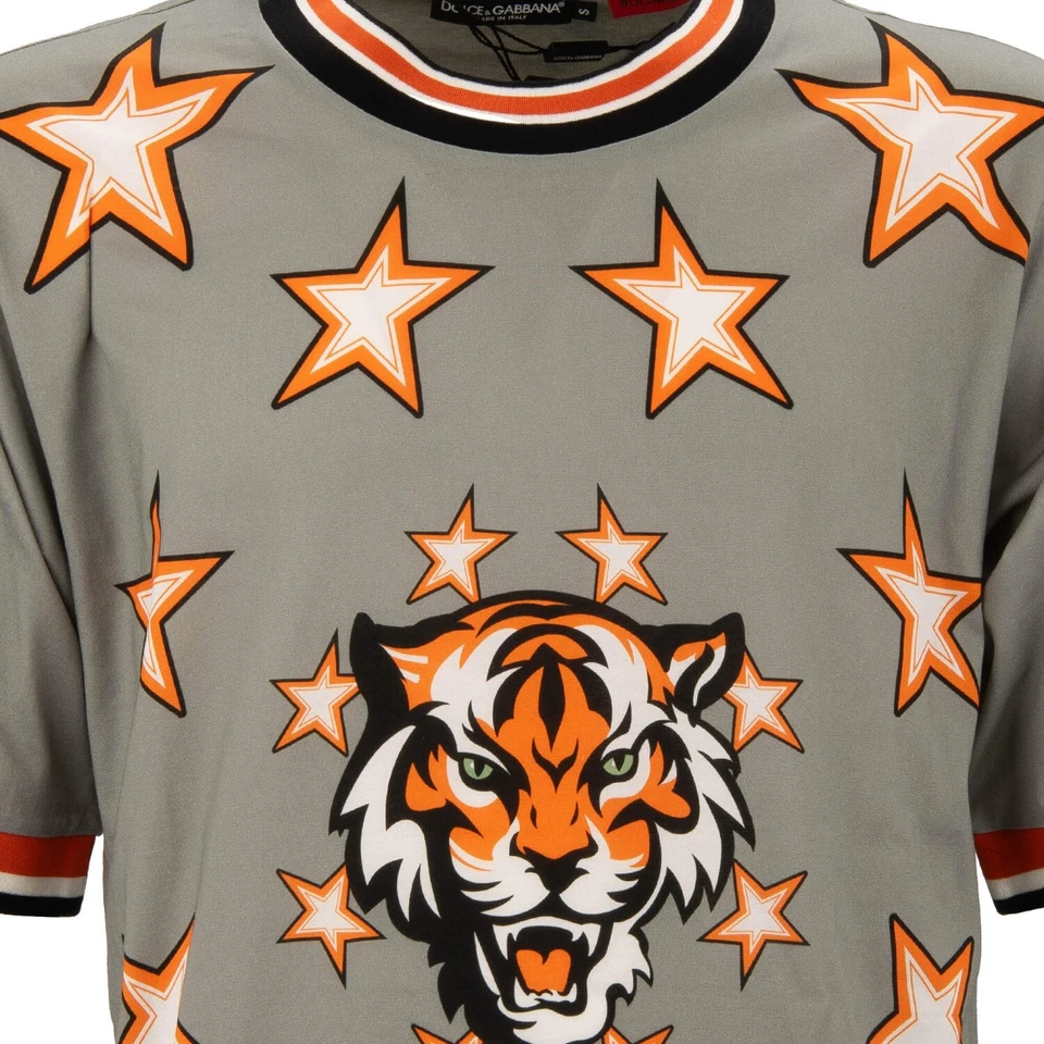 Camiseta de algodão tamanho grande logotipo DOLCE & GABBANA Star Tiger 62 DG cinza laranja - Imagem 3 de 4