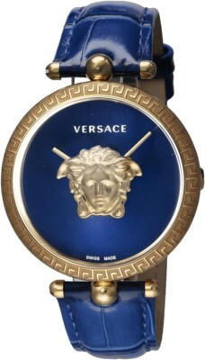 VERSACE Watch Palazzo Empire Quartz Analog Round Medusa Buckle Leather Band Blue
