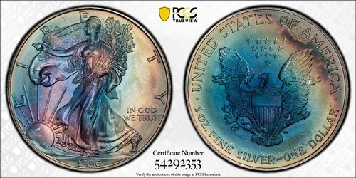 MS66 1996 $1 ASE Silver Eagle Dollar PCGS Trueview- Vivid Rainbow Toned Key Date