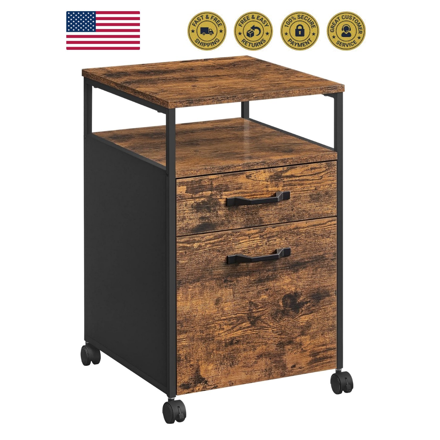 File Cabinet, Mobile Filing Cabinet with Wheels, 2 Drawers, Open Shelf, for A...