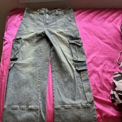 VIP JEANS Women's Blue Denim Straight Leg Cargo Pants Button Pockets