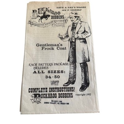 Buckaroo Bobbins Western Clothing Patterns Gentleman's Frock Coat Sizes 34-50