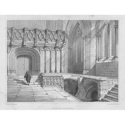 Glasgow Cathedral - Eingang zur Krypta - antiker gravierter Druck um 1848