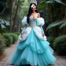 Luxury Blue White Prom Dresses Puff Sleeves Layered Crystals Beaded Evening Gown