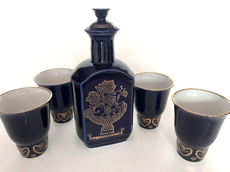 Vintage USSR Cobalt Blue Porcelain Decanter Set 4 Cups Bronnitsy Vozrozhdenie