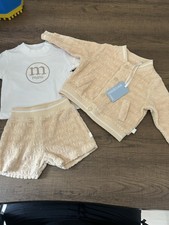 Mitch & Son 0-3M 3pc Beige/White Logo Terry Jacket Shorts T-Shirt Set