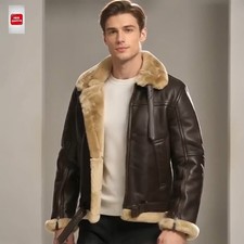 Men's RAF B3 Aviator Genuine Leather Jacket Brown Shearling Flight Bomber Coat