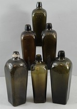 6 Antique 19thC Hand Blown Liquor Dutch Gin Olive Green Glass Case Bottles
