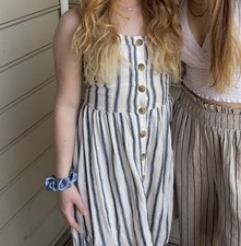 SO White Blue Striped Button Front Square Neck Strappy Sleeveless Sundress XS