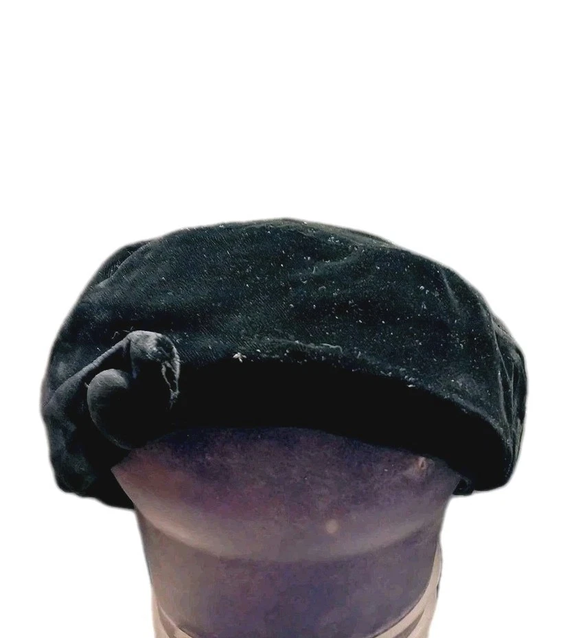  Vintage Classic French Style Crushed Black Velvet Beret Hat Red Lined S/M - Image 2 of 4