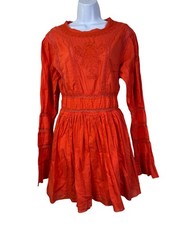 Free People Bohemian Orange Cotton Embroidered Long Sleeve Mini Dress Lace  Keyh