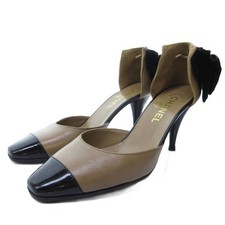 Chanel Pumps Bicolor Coco Mark Back Ribbon Beige Black Women's Size EU37/US6.5