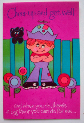 Boy w cat on fence unsigned vintage Get Well greeting card WW19
