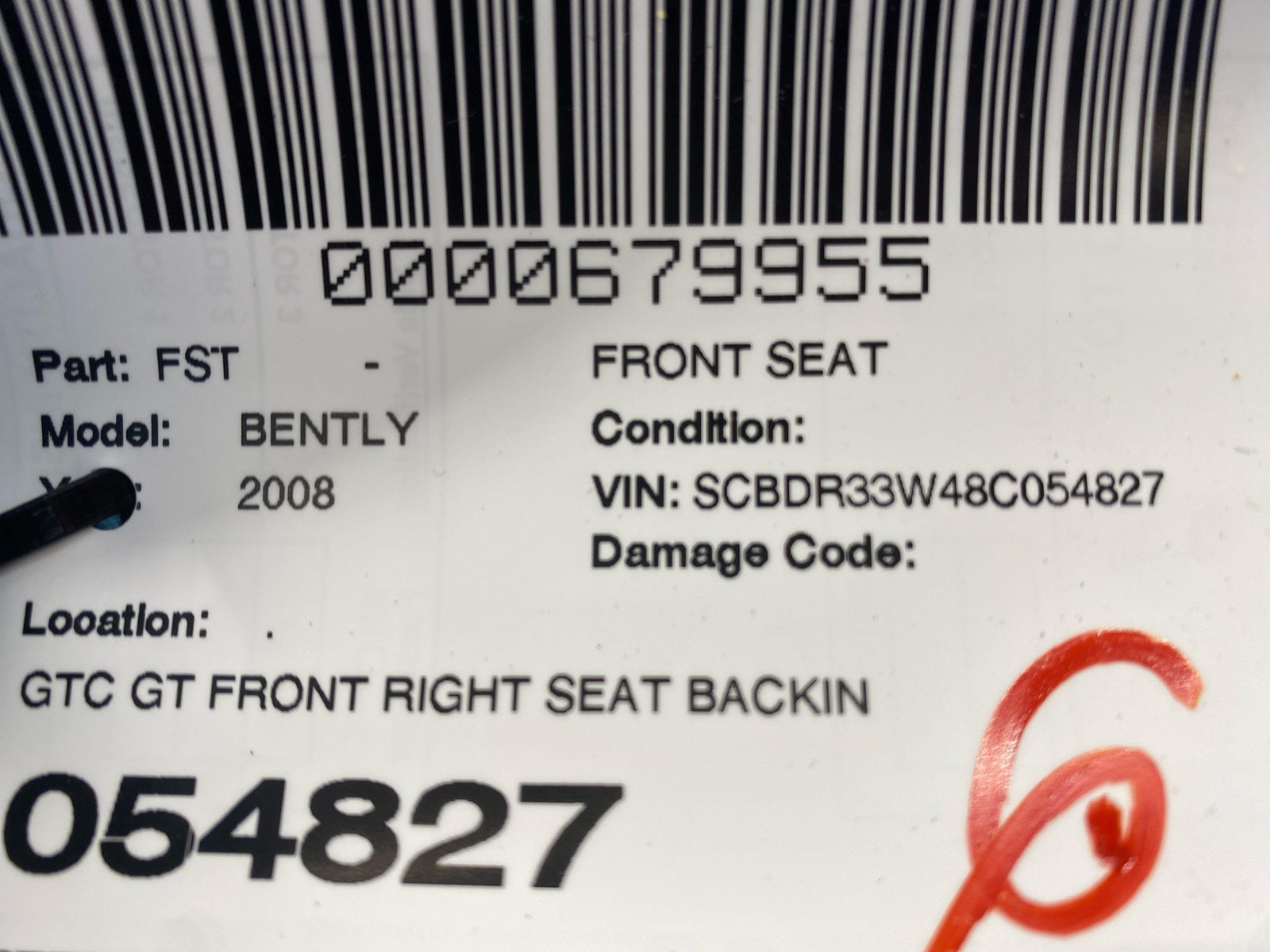 2006-2011 BENTLEY CONTINENTAL GTC GT FRONT RIGHT SEAT BACKING COVER PANEL *NOTE*
