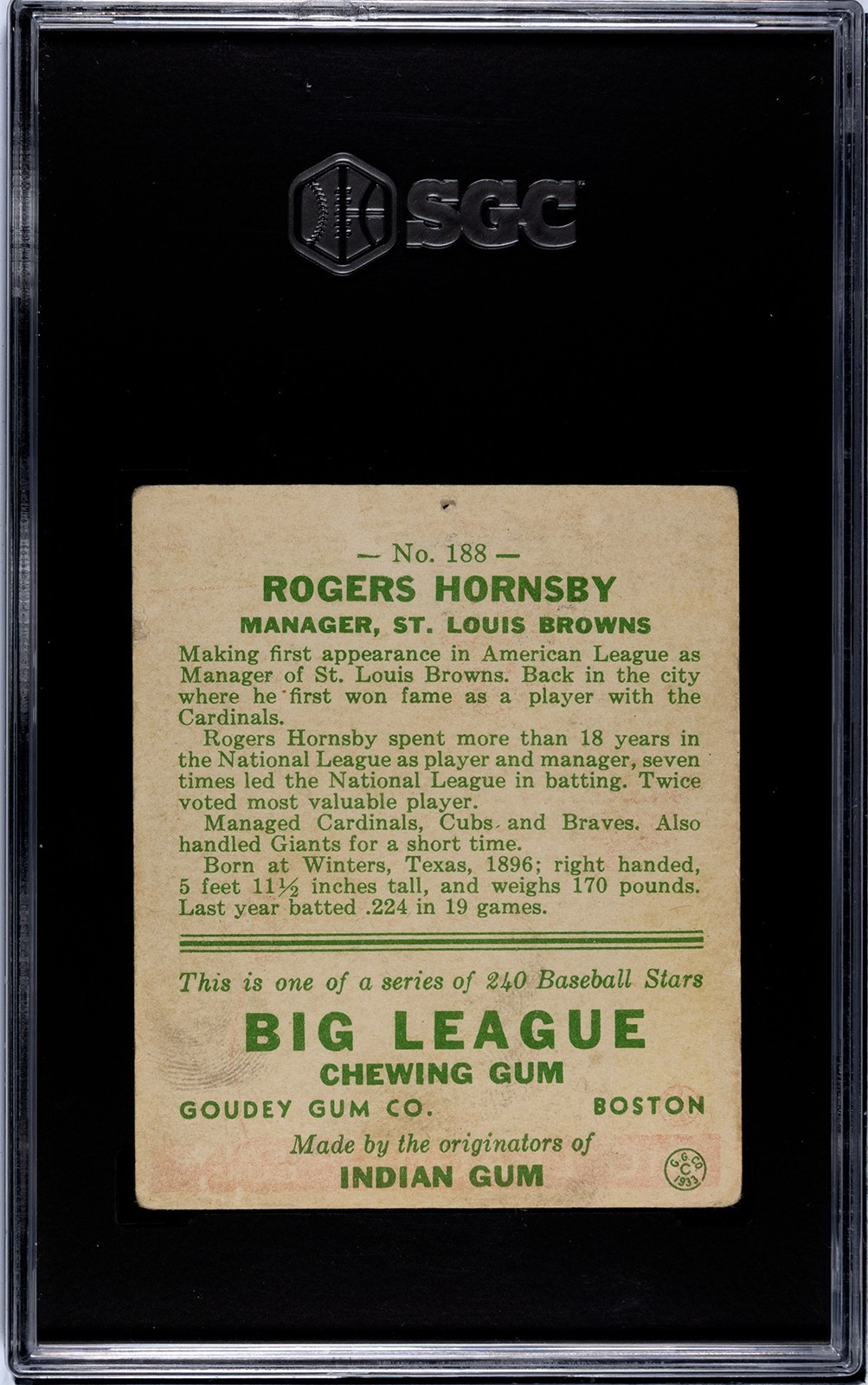 1933 GOUDEY ROGERS HORNSBY  #188  SGC 1 view 2