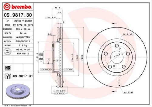 2x BRAKE DISC 09.9817.31 FOR TOYOTA AVENSIS 2AD-FHV/FTV 2.2L 4cyl AVENSIS - Picture 2 of 7