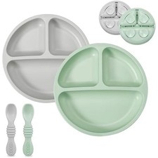 Silicone Baby Feeding Set 2 Pack Divided Suction Plates with Spoons Baby Led