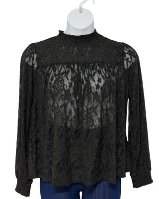 Cupio Sz L Sheer Black Lace Blouse Smocked Yoke Long Sleeve Romantic Dressy New