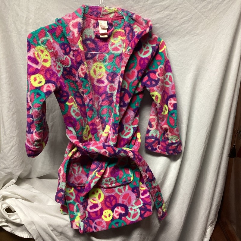 Children's Place M 7-8 Hooded Peace Symbol Fleece Bathrobe Pockets Belted Clean