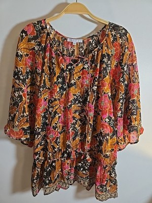 DR2 Sheer Floral Top Blouse Size L Boho Tie Neck Bell Sleeve