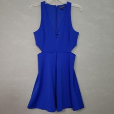 Express Womens 10 Fit & Flare Dress Royal Blue Cut Out V-Neck Mini Pockets Party