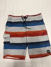 O  Neill Mens Striped Cargo Board Shorts Red White Blue Beach Sun Sand Size 34