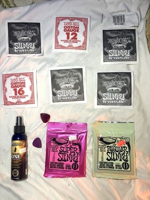 Ernie Ball Guitar Strings Set Super Regular Slinky MusicNomad Cleaner Picks Lot