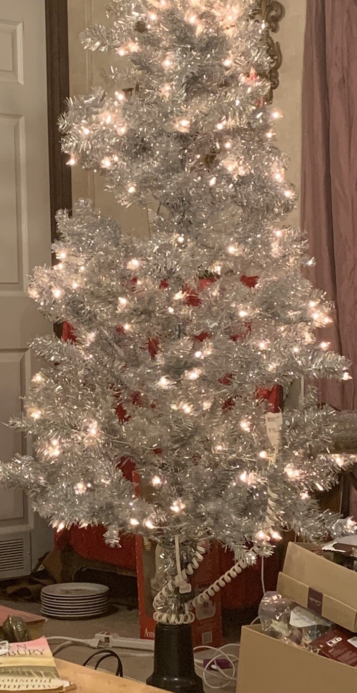 Holiday Time 6.5ft PreLit Silver Tinsel Christmas Tree With Rotating