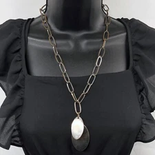 Chunky Statement Necklace Silver-Tone Metal 20" Simple Chain Oval Tag Pendants