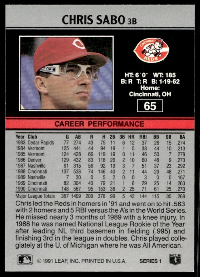1991 Leaf Chris Sabo Cincinnati Reds #65 - Image 2 of 2